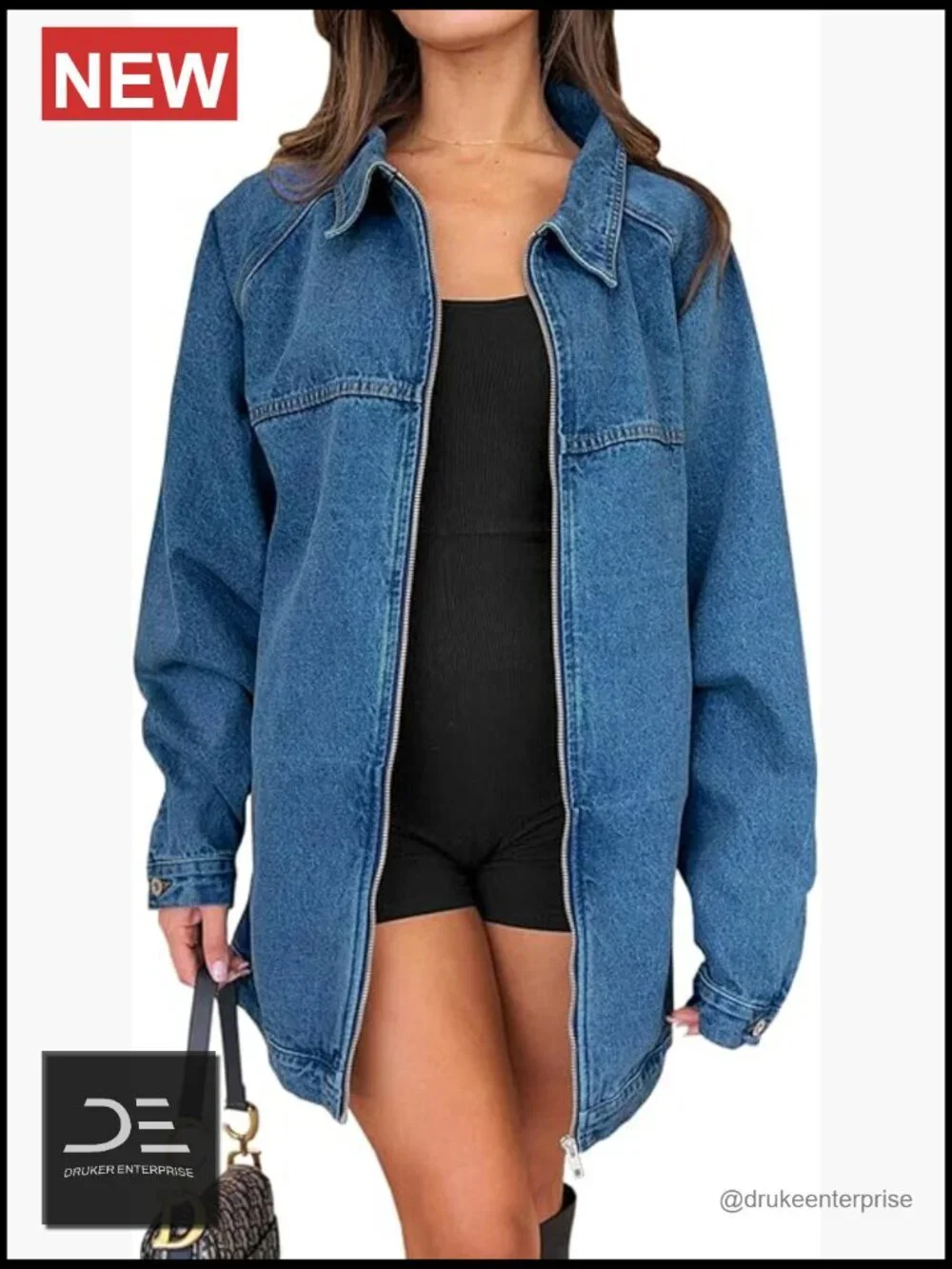 Oversized Denim Jacket with Zip Up Long Sleeve Slant Pockets